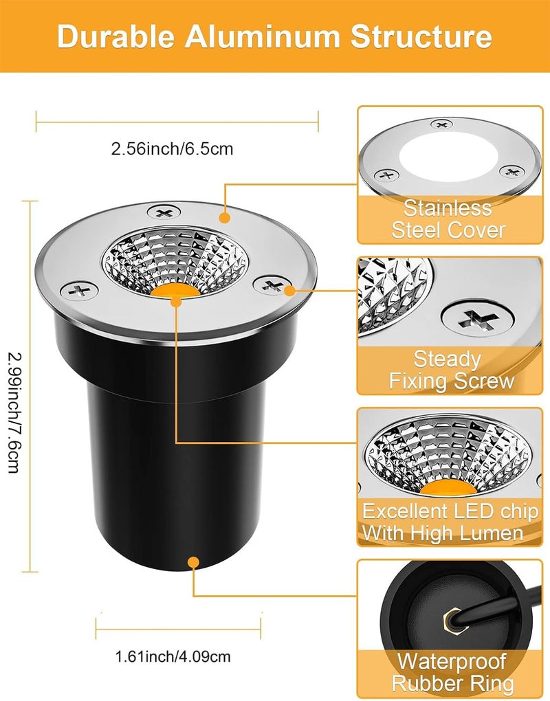 ZUCKEO أضواء المناظر الطبيعية ذات الجهد المنخفض ZUCKEO أضواء بئر LED 3W 12V-24V في الأرض IP67 مقاومة للماء في الهواء الطلق إضاءة المناظر الطبيعية ذات الجهد المنخفض للسطح الممر السطح الدرج الحديقة (8 عبوات أبيض دافئ) - Image 4
